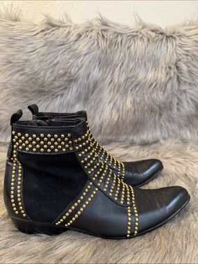 Anine Bing Black Leather & Suede Ankle Boots with Gold Studs Size 38